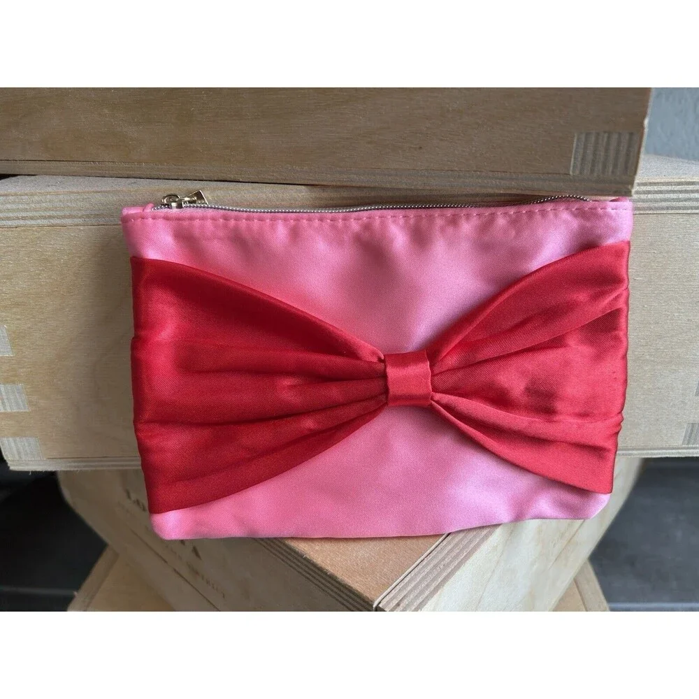 Pink Red Satin Bow Makeup Bag Pencil Case Purse Organizer NEW Zip Pouch Clutch